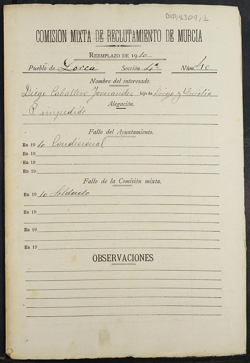 Expediente General de Reclutamiento y Reemplazo de Lorca. Año 1910.